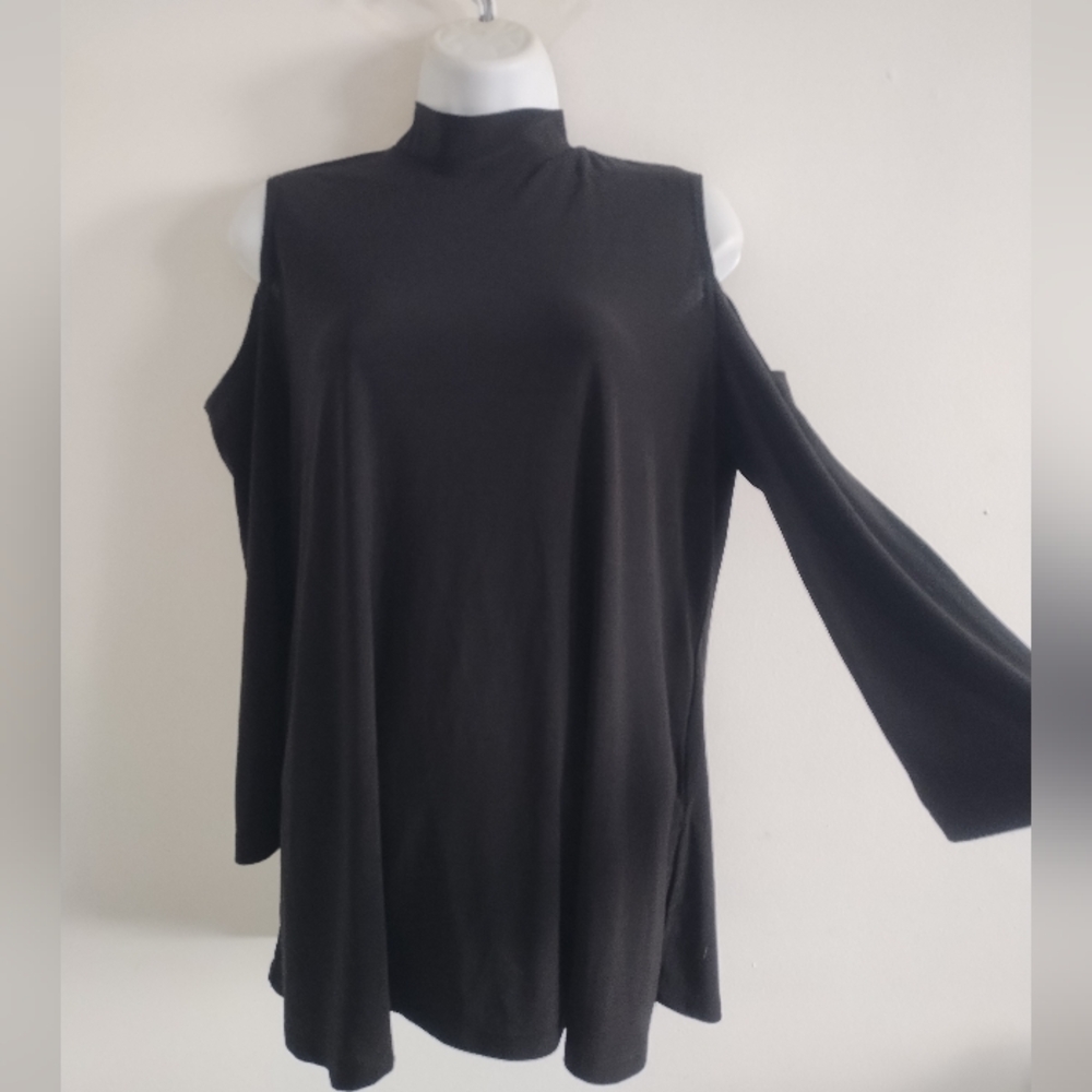 Slinky Brand Cut Out Shoulders Mock Neck Black Top